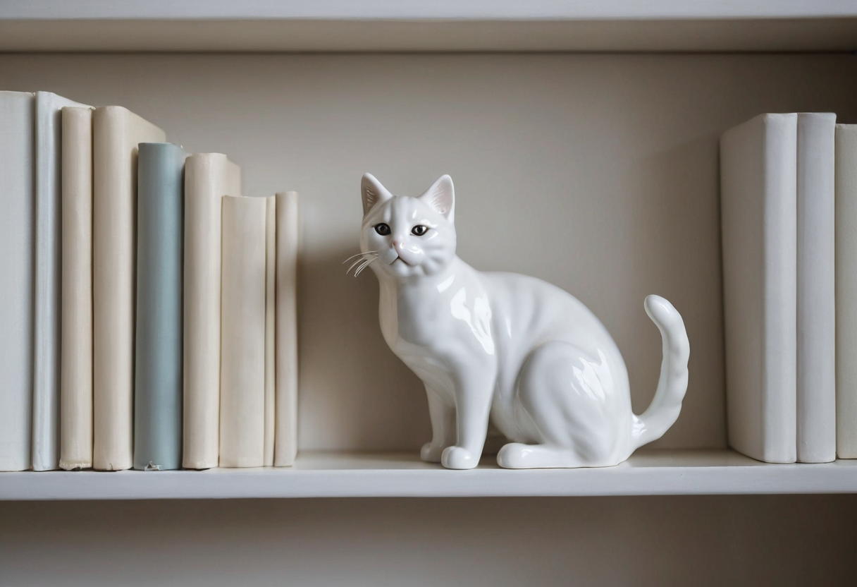 Белая глянцевая фигурка кошки стоит на книжной полке между светлыми книгами.